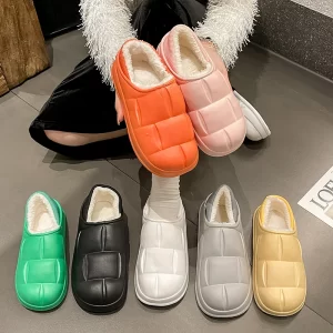 Waterproof Women Winter Furry Slippers Fashion Warm Soft Thick Sole Plush Fluffy Slippers Couple Outdoor Non-Slip Cotton Shoes