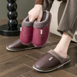 Men's Home Winter Slippers Home Warm Shoes Thick Bottom Plush Waterproof PU Leather Home Couples Cotton Flat Couple Shoes